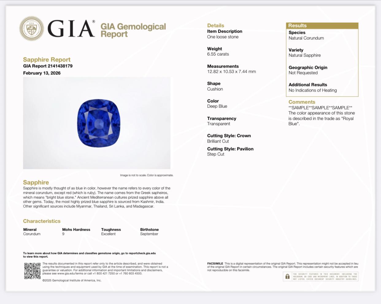 GIA Gemological Report — Natural Sapphire, Royal Blue
